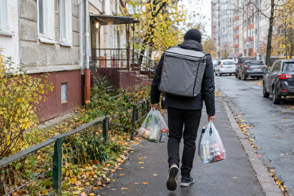 курьер с продуктовым заказом идёт по улице