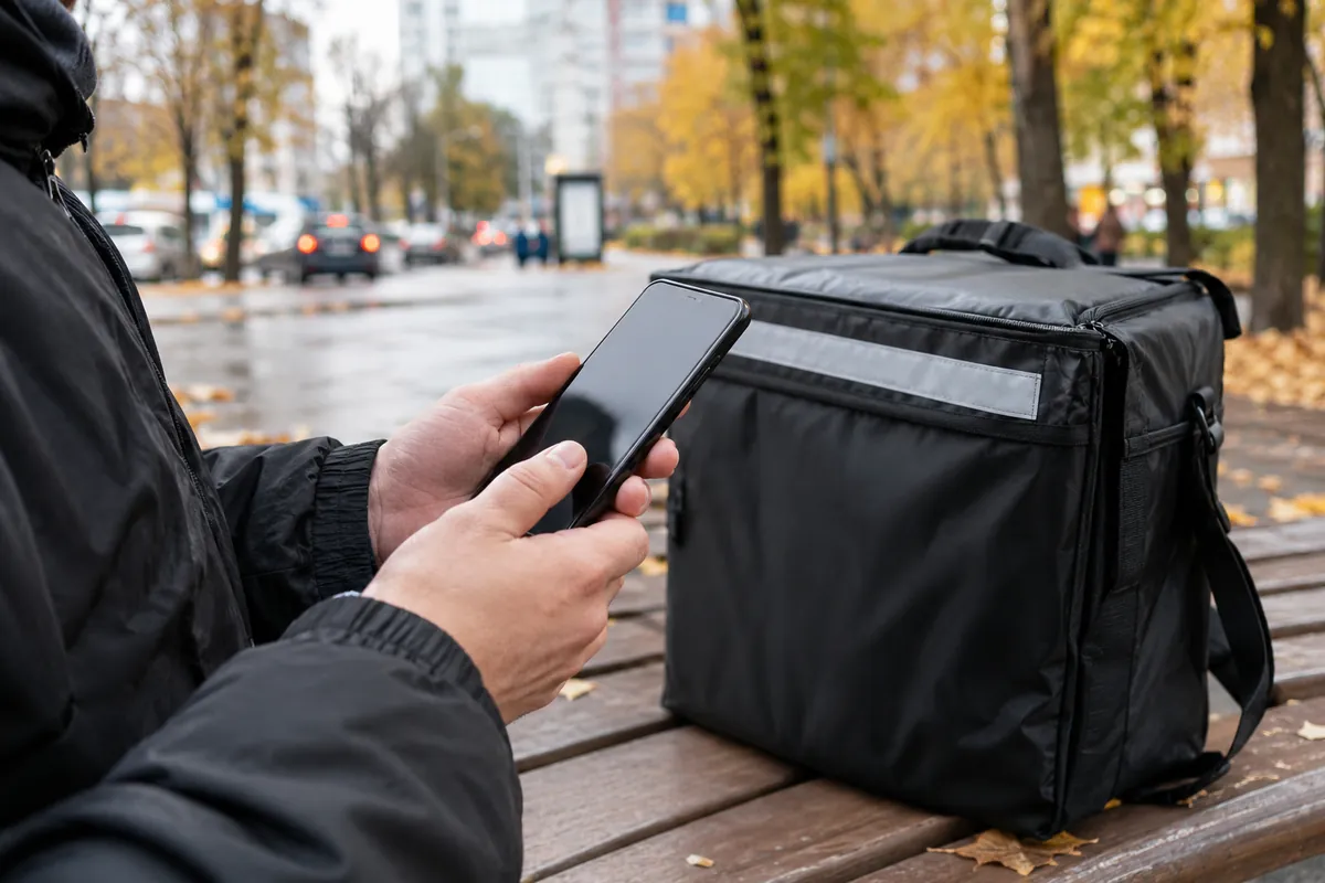 Курьер проверяет заказы в смартфоне