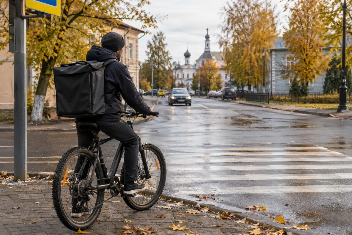 велокурьер с заказом на перекрёстке