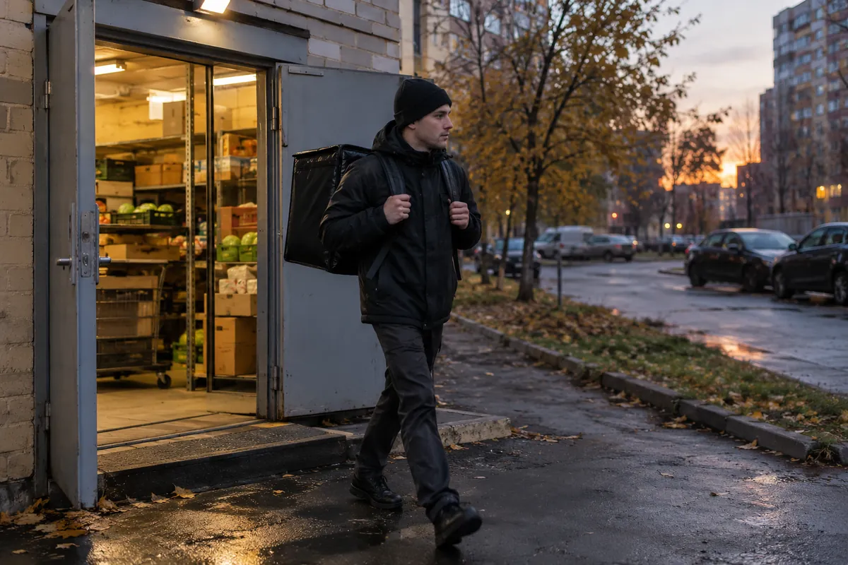 курьер выходит из даркстора с заказом