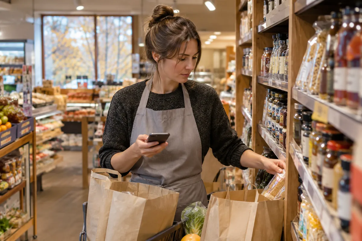 сборщик собирает продукты в пакеты по заказу в магазине