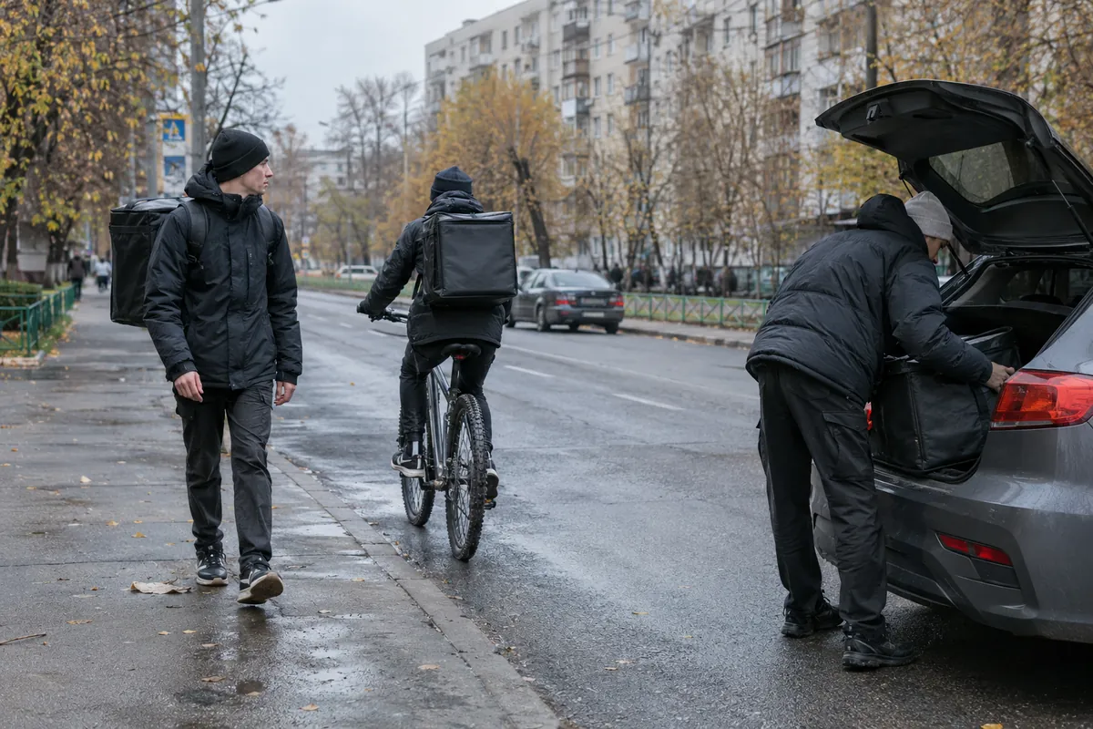 пеший курьер, велокурьер и автокурьер на одной улице