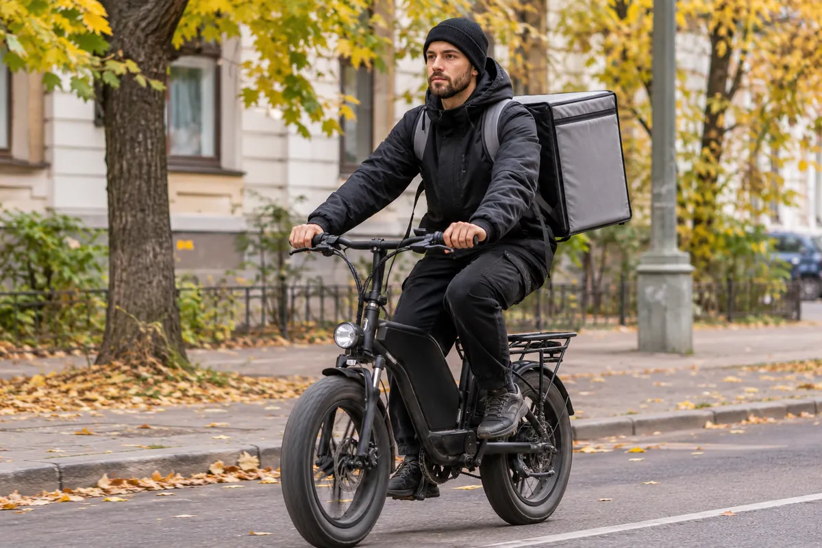 курьер на электровелосипеде везёт заказ
