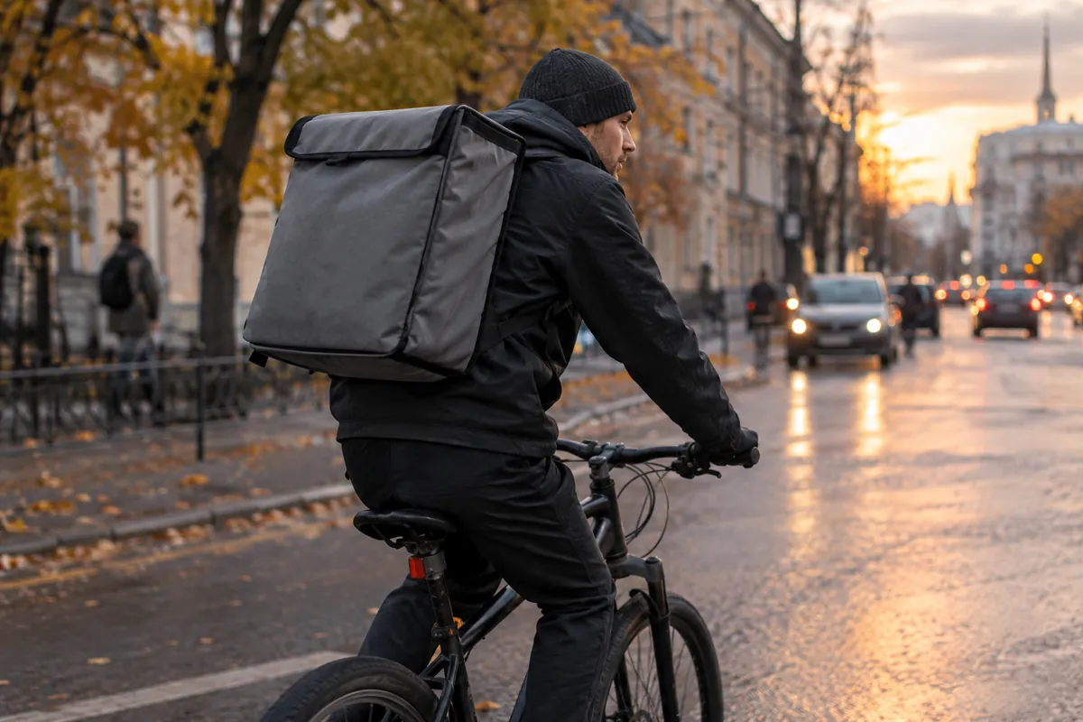 курьер-партнёр с термосумкой едет на велосипеде по городу